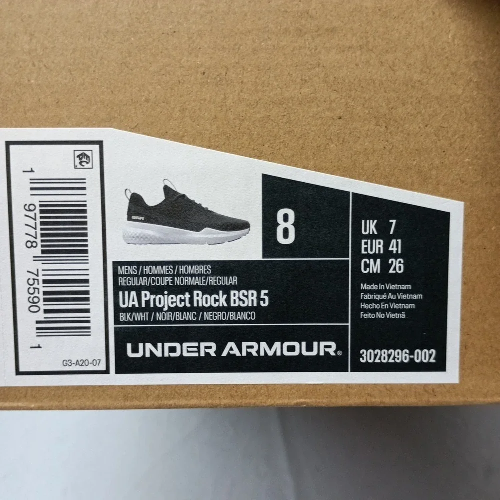 Under Armour‎ Project Rock BSR 5 Shoes Men's Size 8 Black White Sneakers 3028296